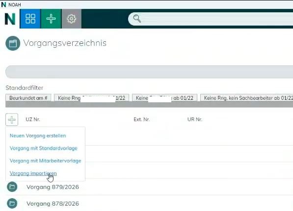 Plus-Menü mit Vorgang importieren