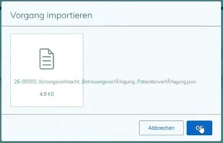 Upload-Fenster mit ausgewählter JSON-Datei